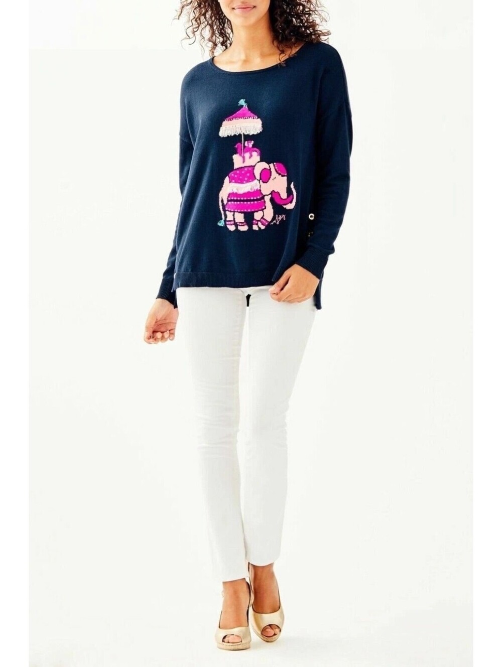 Lilly Pulitzer Caralynn Sweater True Navy Elephant Intarsia Size XL $138 retail